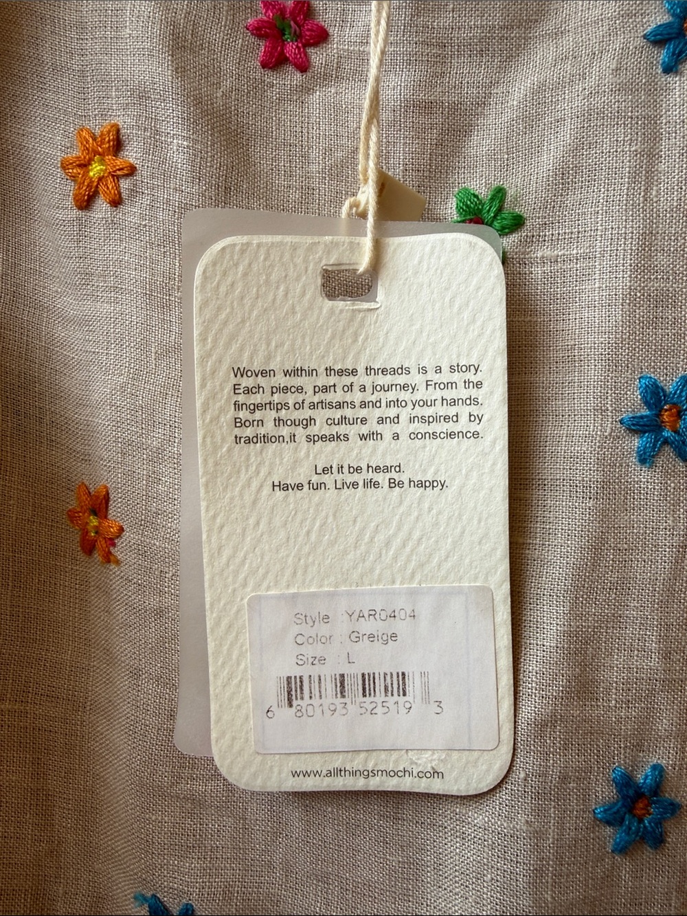 Beige Linen Embroidered Maxi Dress with Rainbow Trim - Picture 3 of 5